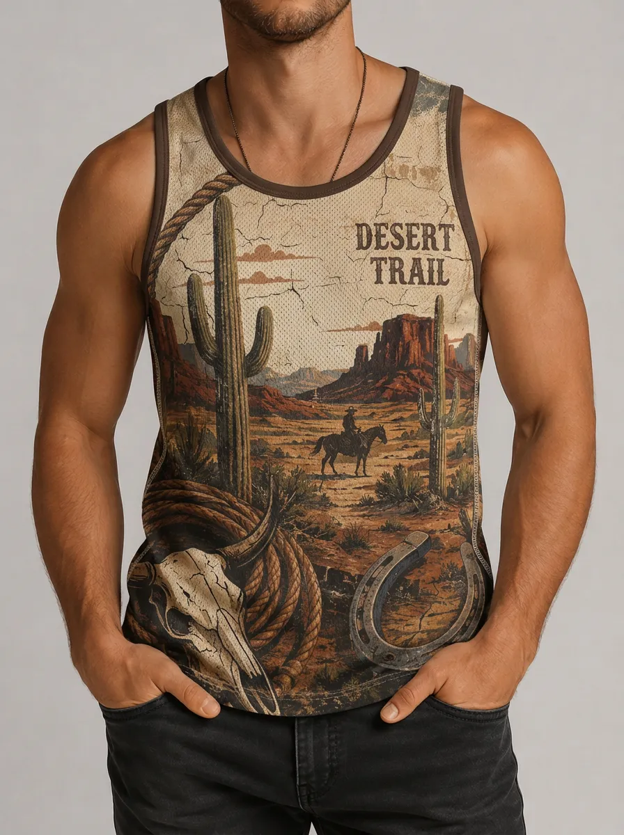 Men's Western Cowboy Desert Trail Cactus Skull Printed Tank Top