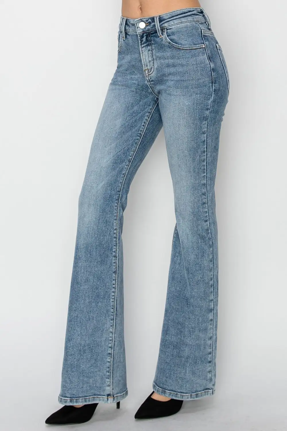 Pocketed Mid Rise Flare Leg Denim Jeans