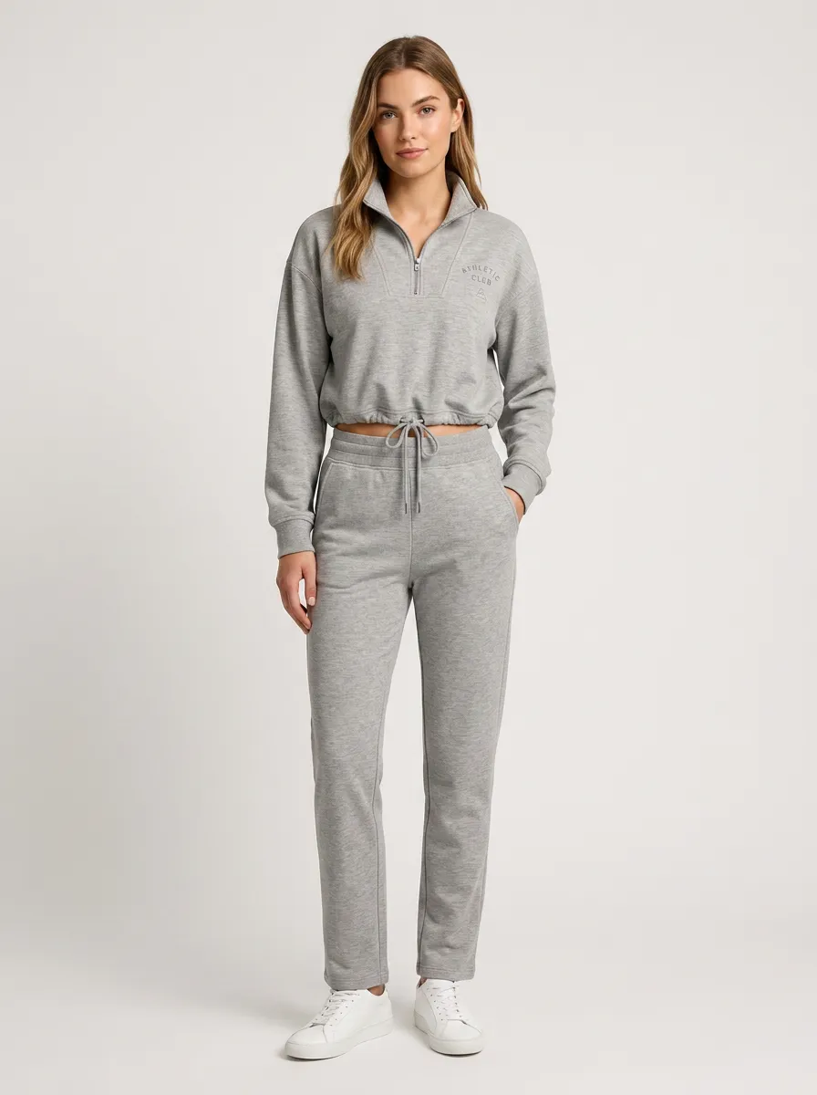 Women's Athletic Club Grey Embroidered Quarter Zip Crop Top Jogger Set
