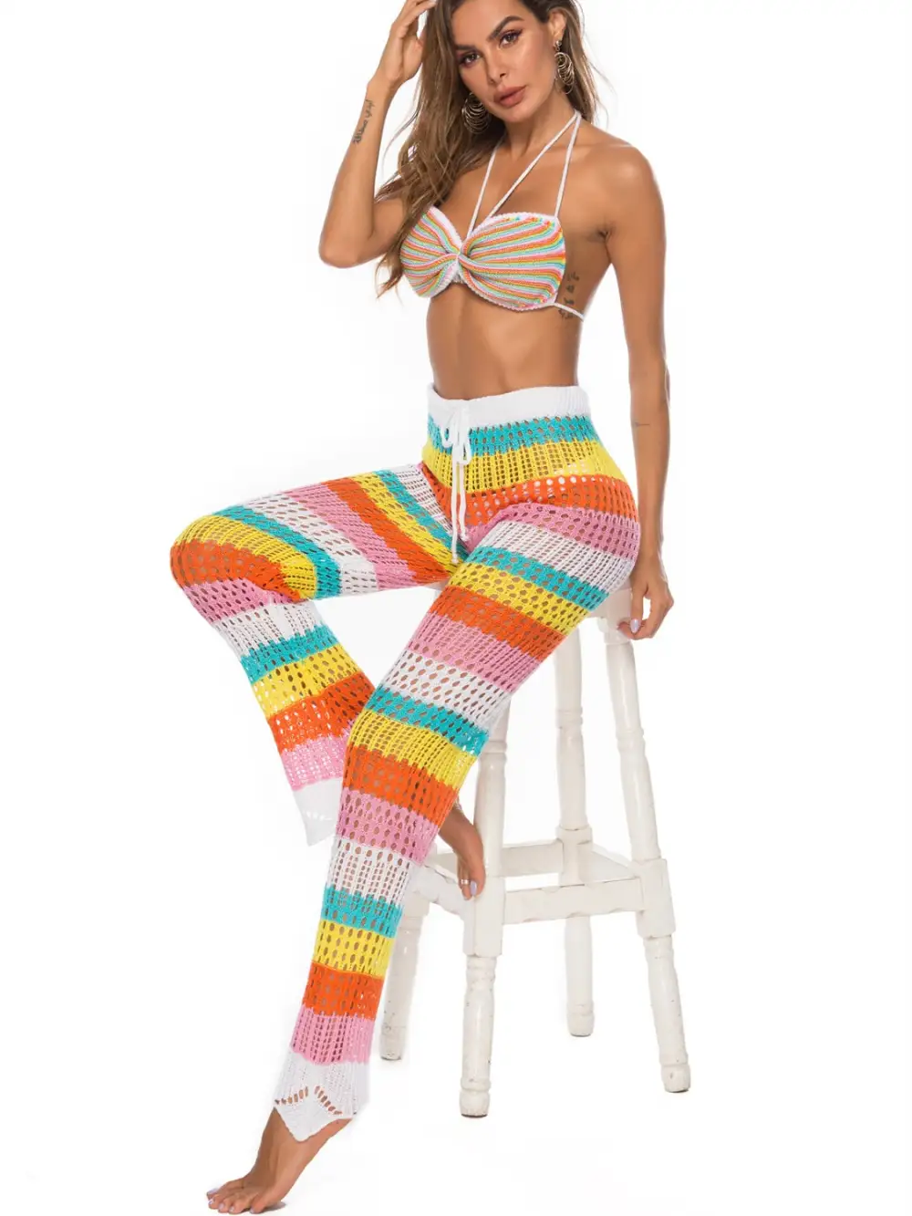 Panel Detail Contrast High Waist Pants Swimsuit