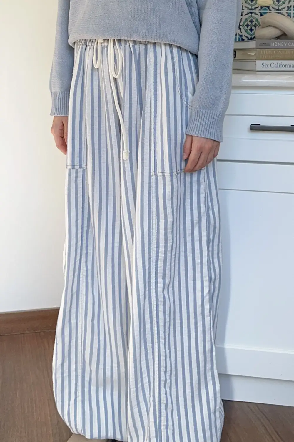 Washed Cotton Striped Relaxed Trousers