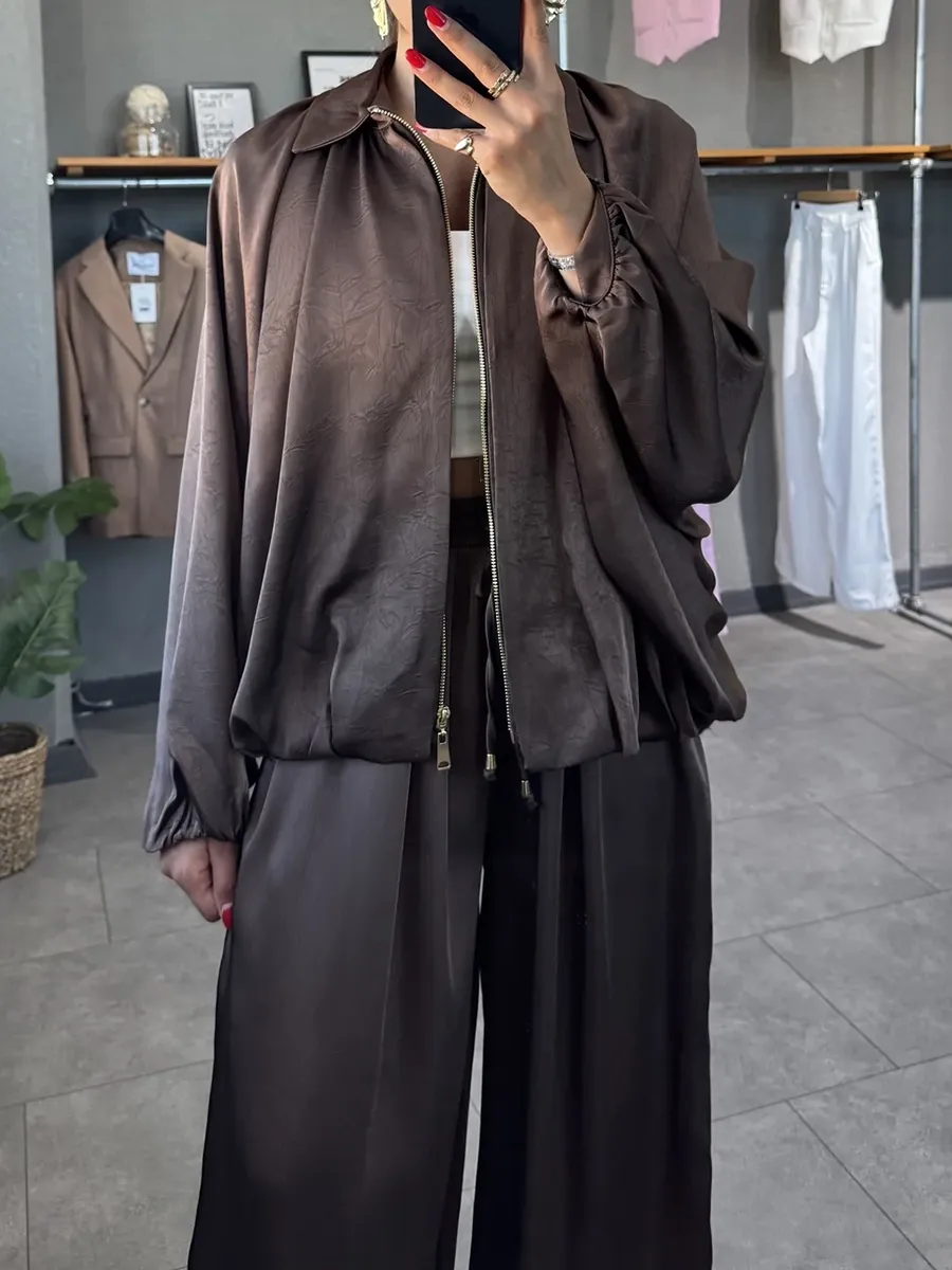 Women's solid color cross-section design casual zipper cardigan & pants set