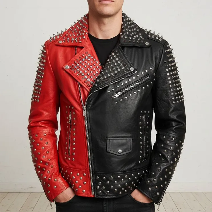 Vintage Inspired Leather Biker Motorcycle Studded Jacket
