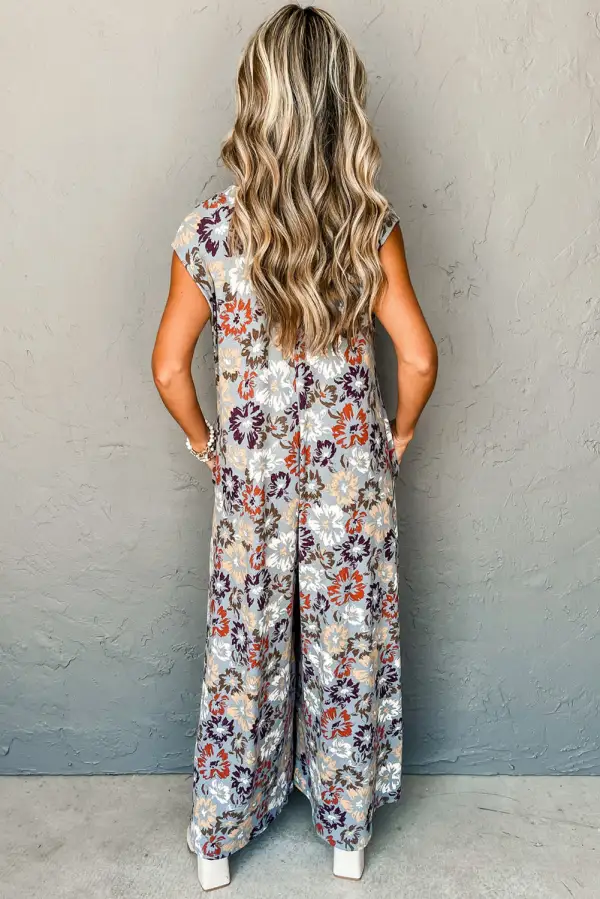 Floral Sleeveless Buttoned Pocketed Wide Leg Jumpsuit