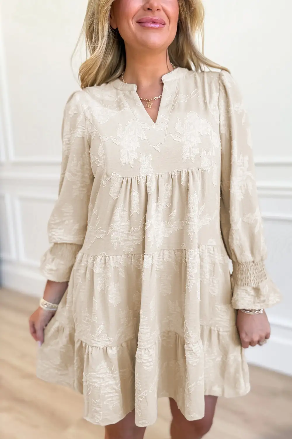 Split Neck Tiered Long Sleeve Mini Dress