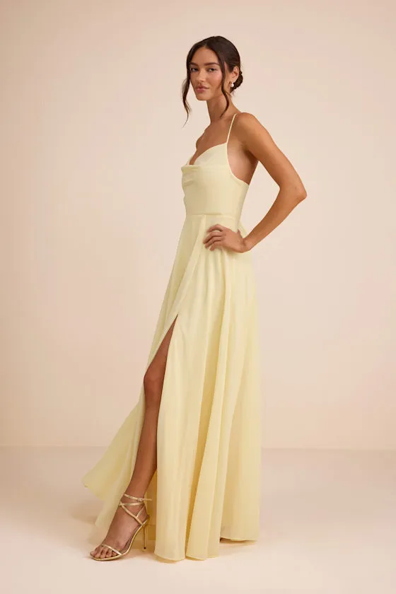 Romantically Speaking Light Yellow Cowl Lace-Up Maxi Dress