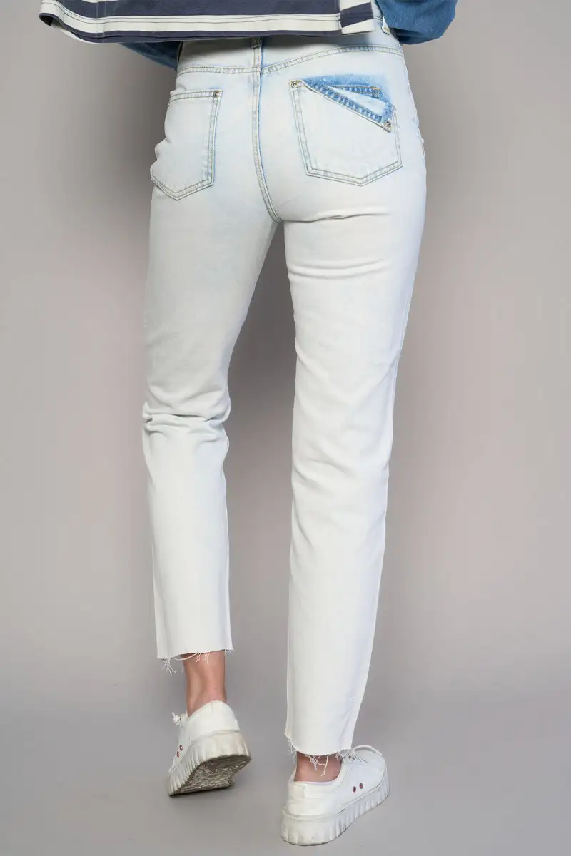 Women's High Rise Raw Hem Ripped Slim Straight Rigid Denim Jeans