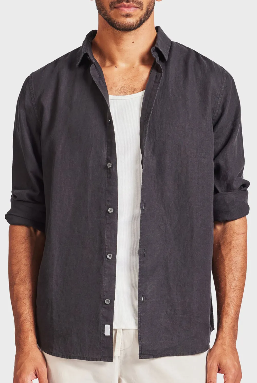 Black Linen Button Down Long Sleeve Shirt