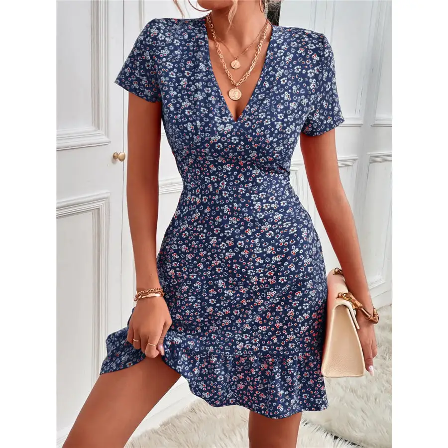 Ruffled Hem V-Neck Short Sleeve Mini Dress