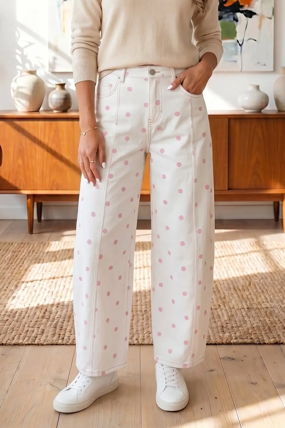 Polka Dot Print Seam Detail Barrel Jeans