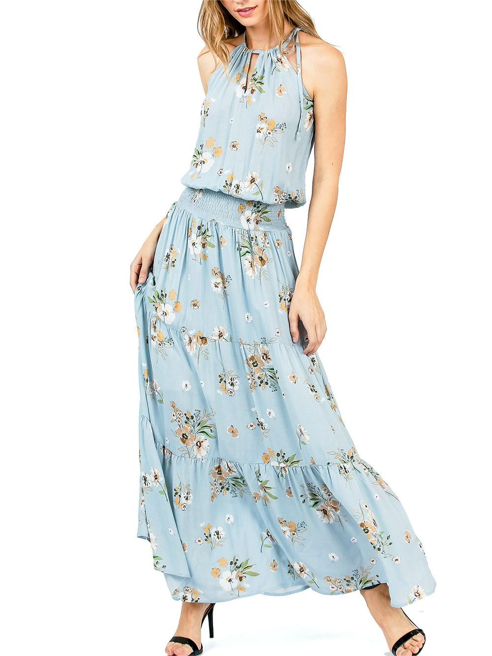 Light Blue Floral Halter Maxi Dress