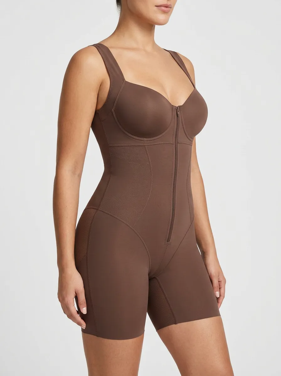 Women's Tummy Control Brown Zippered Sculpting Bodysuit