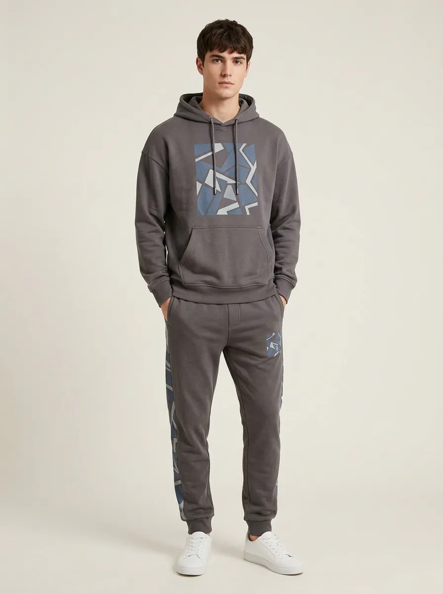 Men's Charcoal Geometric Graphic Hoodie and Jogger Set