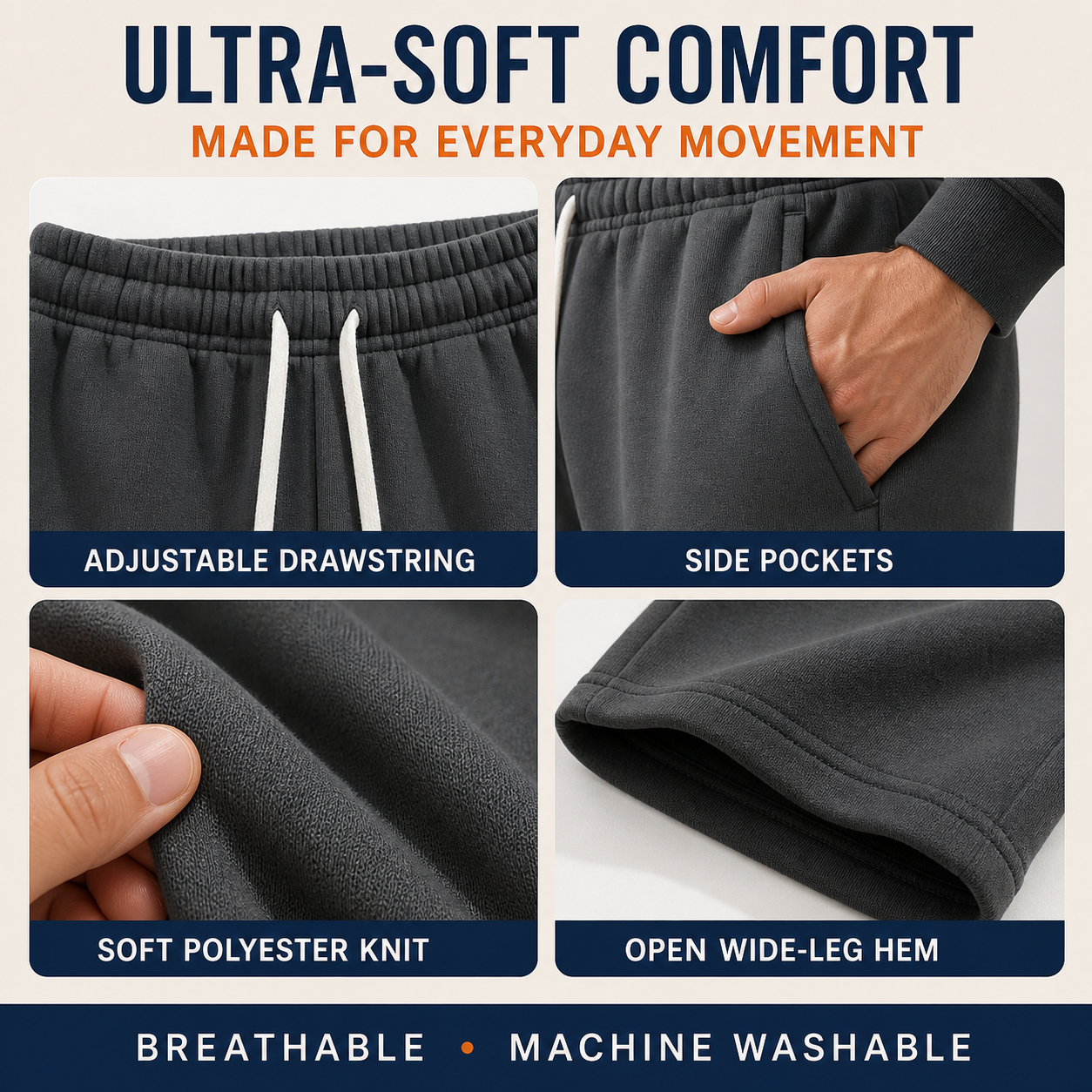 Ultra-soft wide-leg sweatpants construction details