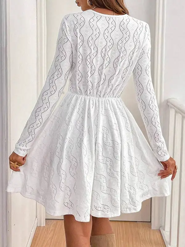 High Waisted Long Sleeve Hollow Lacy Solid Color Split Joint V