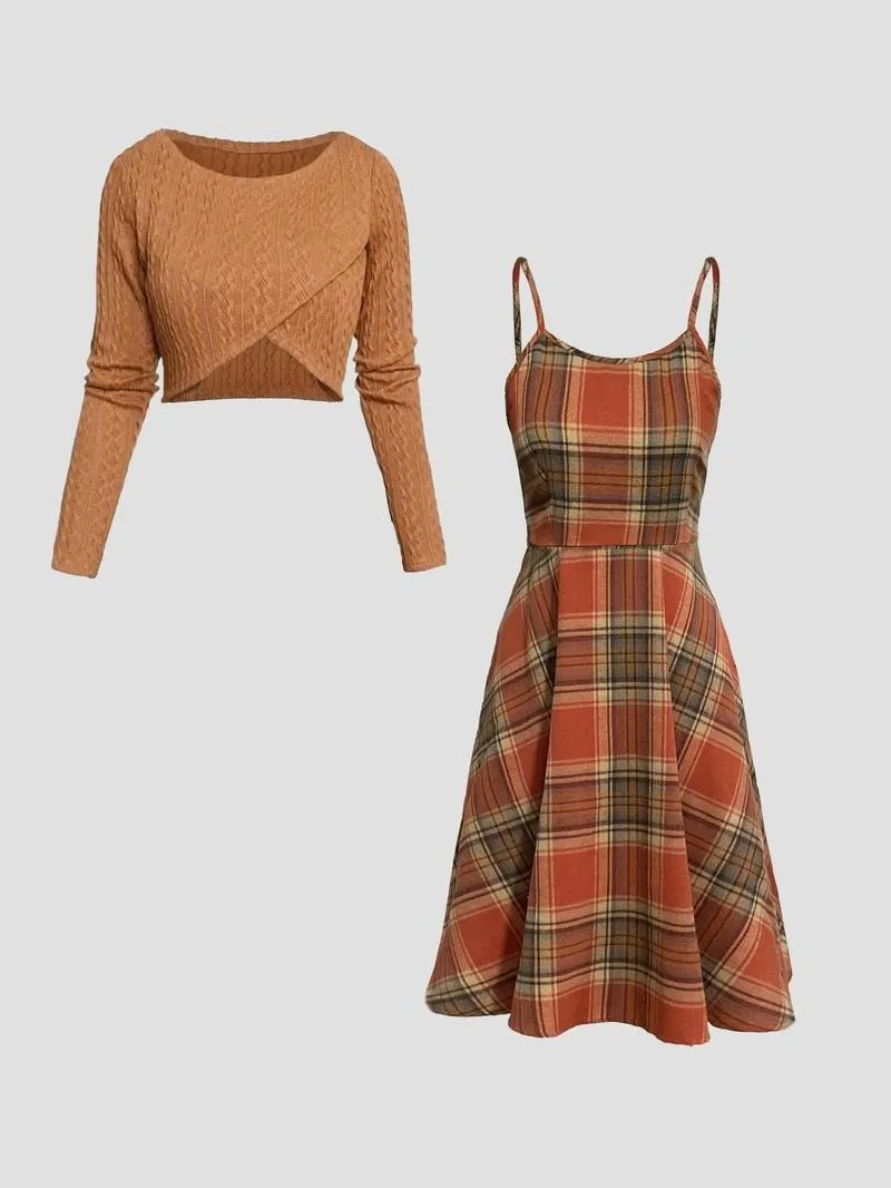 Women's Solid Wrap Hem Round Neck Textured Long Sleeve Crop Top & Plaid Print A-Line Dress Set