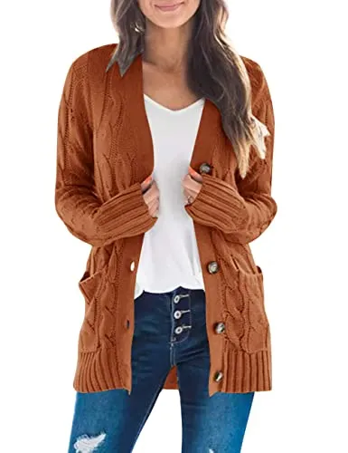 Women's Long Sleeve Cable Knit Sweater Open Front Cardigan Button Loose Outerwear