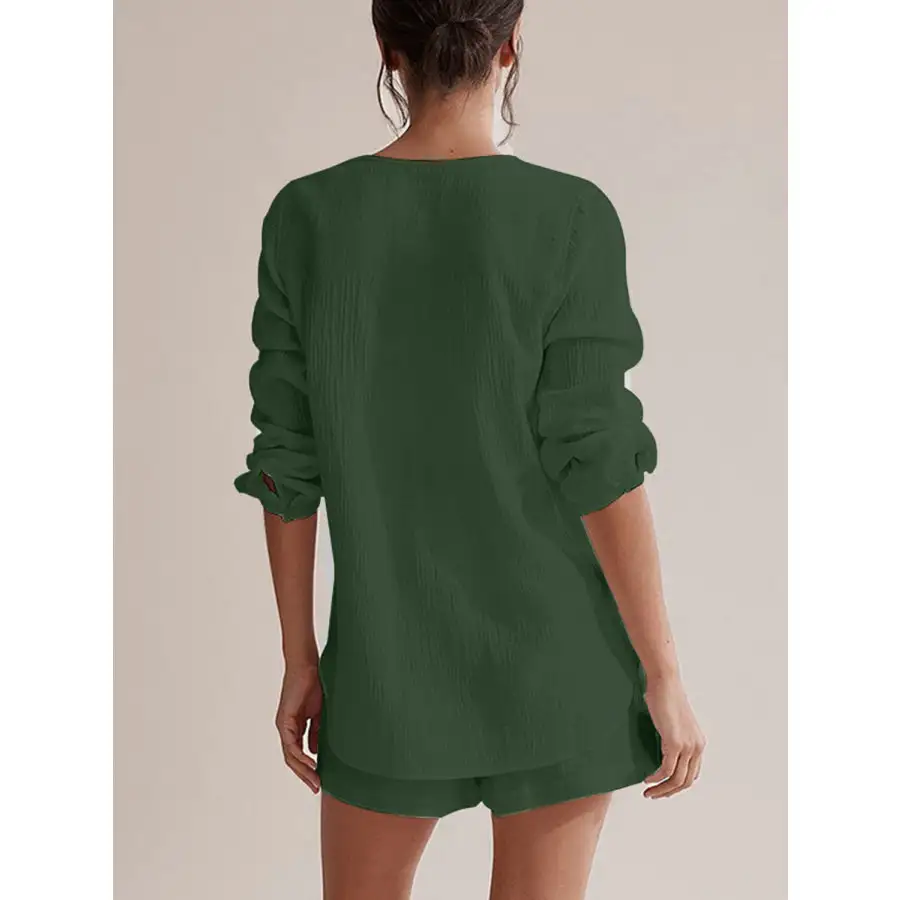Relaxed Notched Long Sleeve Top and Shorts Set