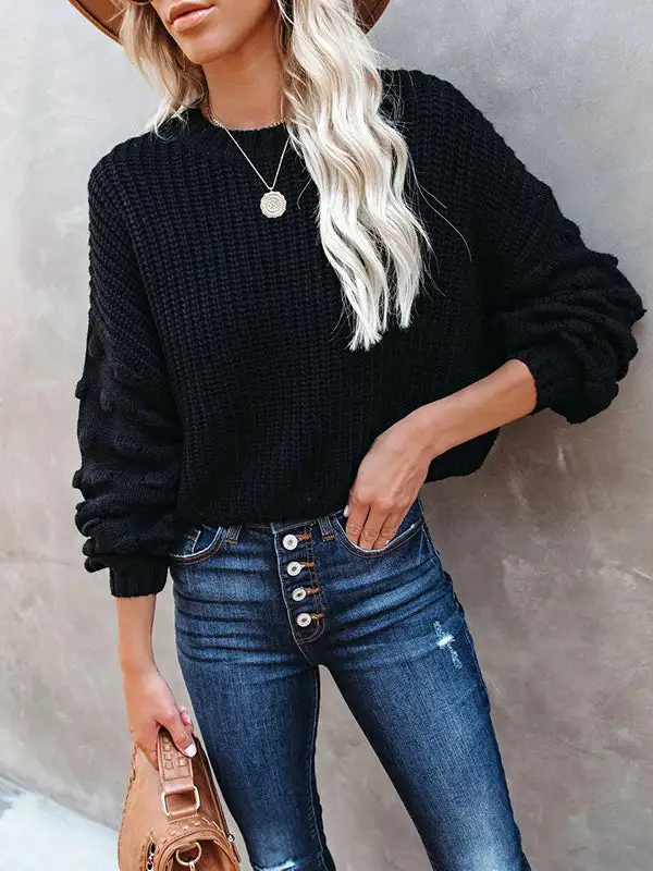 Openwork Round Neck Long Sleeve Relaxed Fit Pullover Sweater