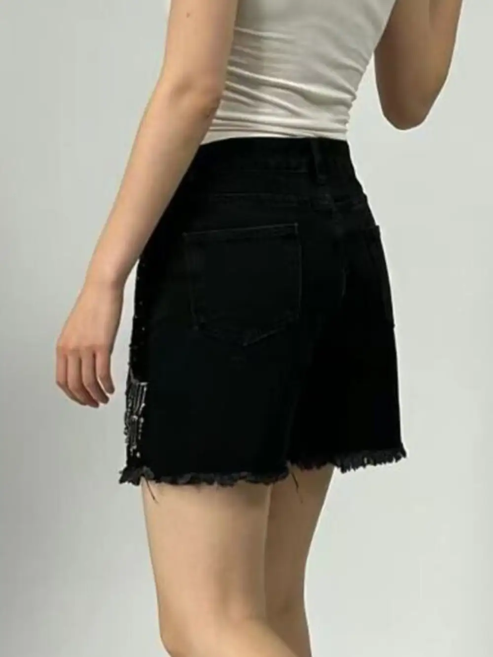 Raw Hem Rhinestone Detail Denim Shorts
