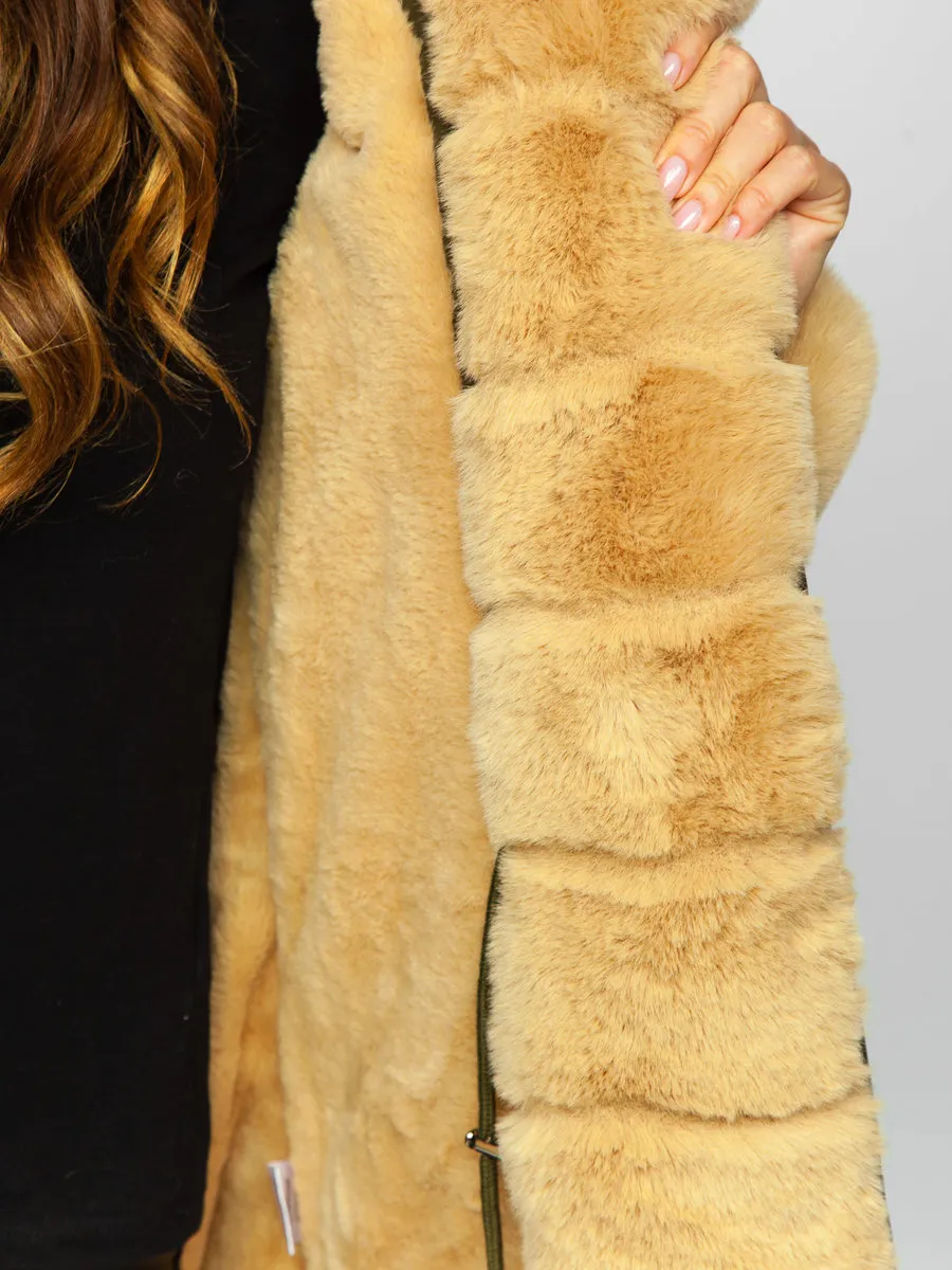 Khaki women's winter parka jacket with hood