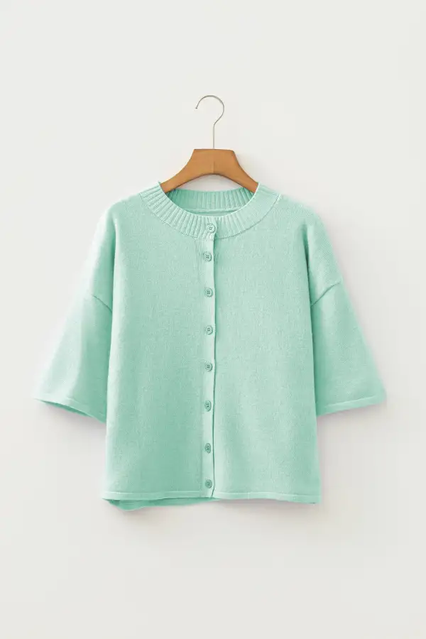 Three Quarter Sleeve Boxy Knit Button Front Everyday Layer Cardigan