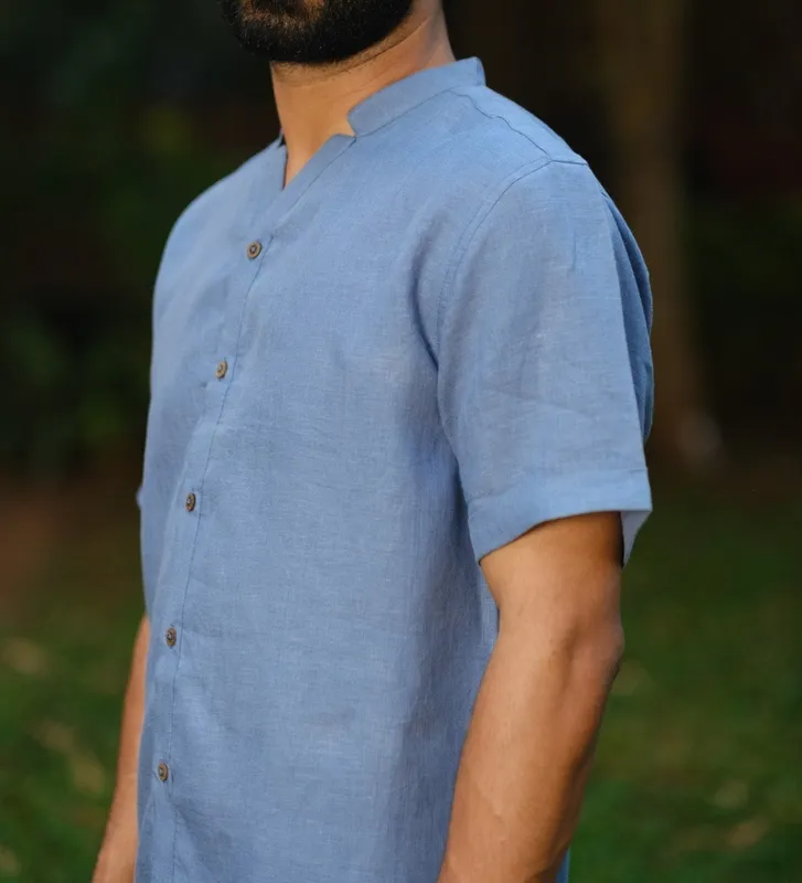 Blue Relaxed Linen V-Neck Shirt