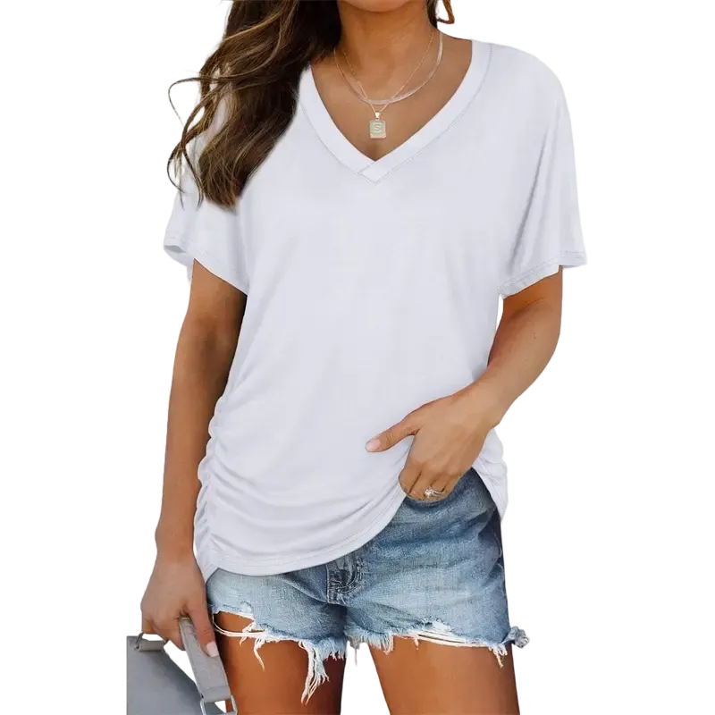 Womens Short Sleeve V Neck Dolman Tops with Side Shirring Loose Fit Shirts