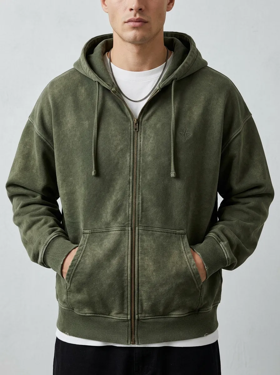 Men's Vintage Olive Compass Embroidered Zip Up Hoodie