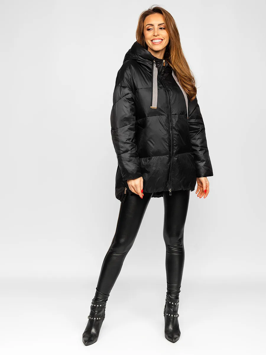 Women's Black Quilted Winter Jacket With Hood