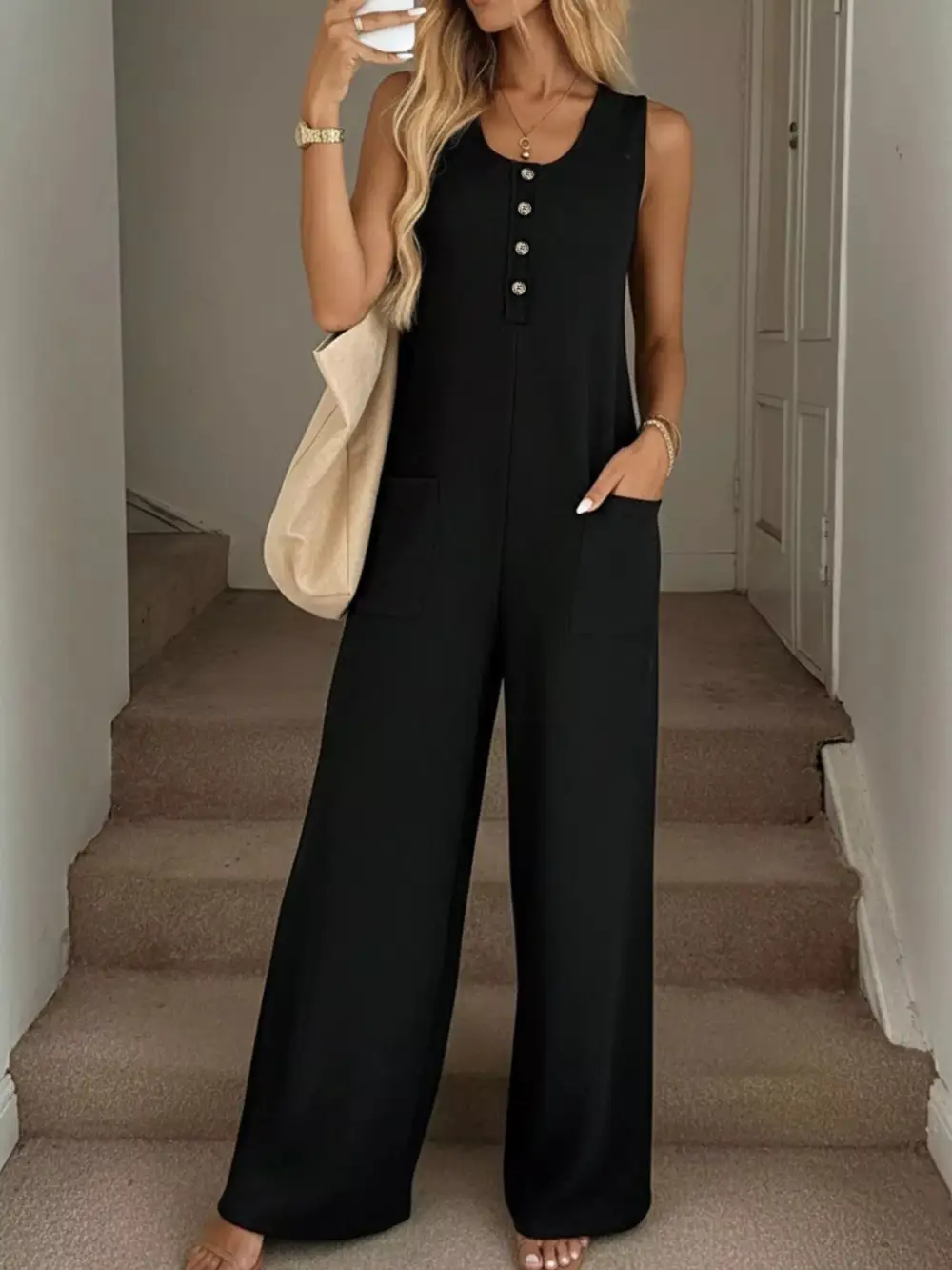 Sleeveless Button Front Wide Leg Everyday Jumpsuit
