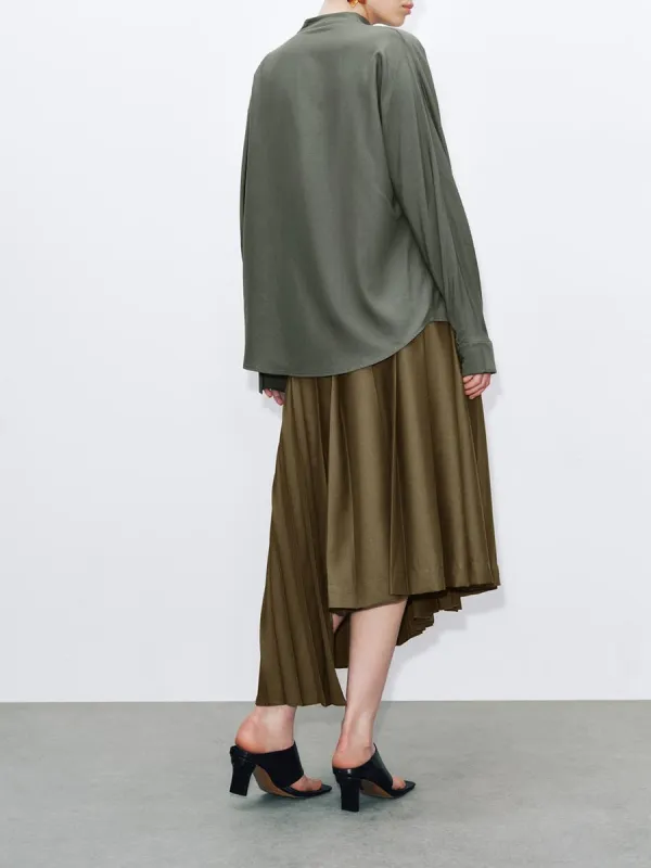 Ladies Khaki Green Irregular Commuter Pleated Long Dress