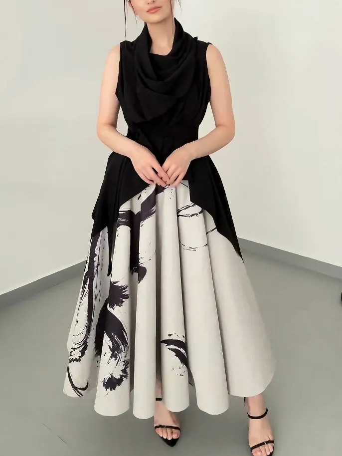 Elegant Abstract Print Draped Two Piece Midi Dress