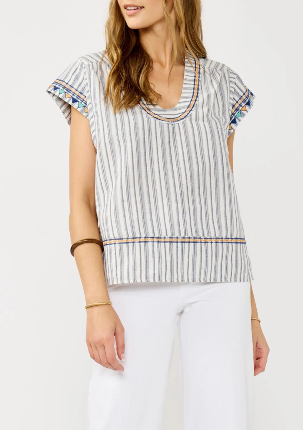 Embroidered Striped Crew Neck Blouse