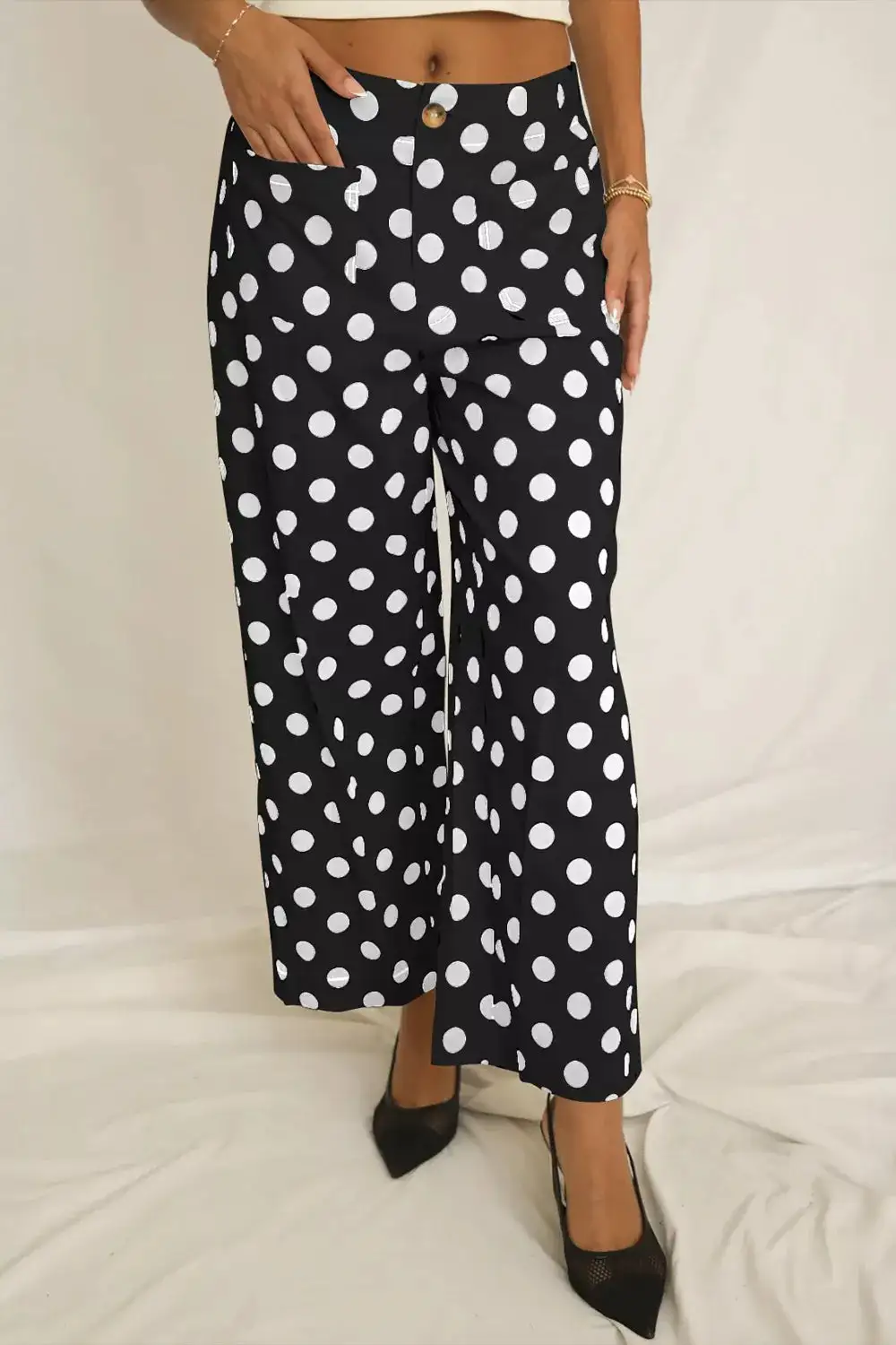 Polka Dot Print Patched Pocket Mid Rise Straight Leg Pants