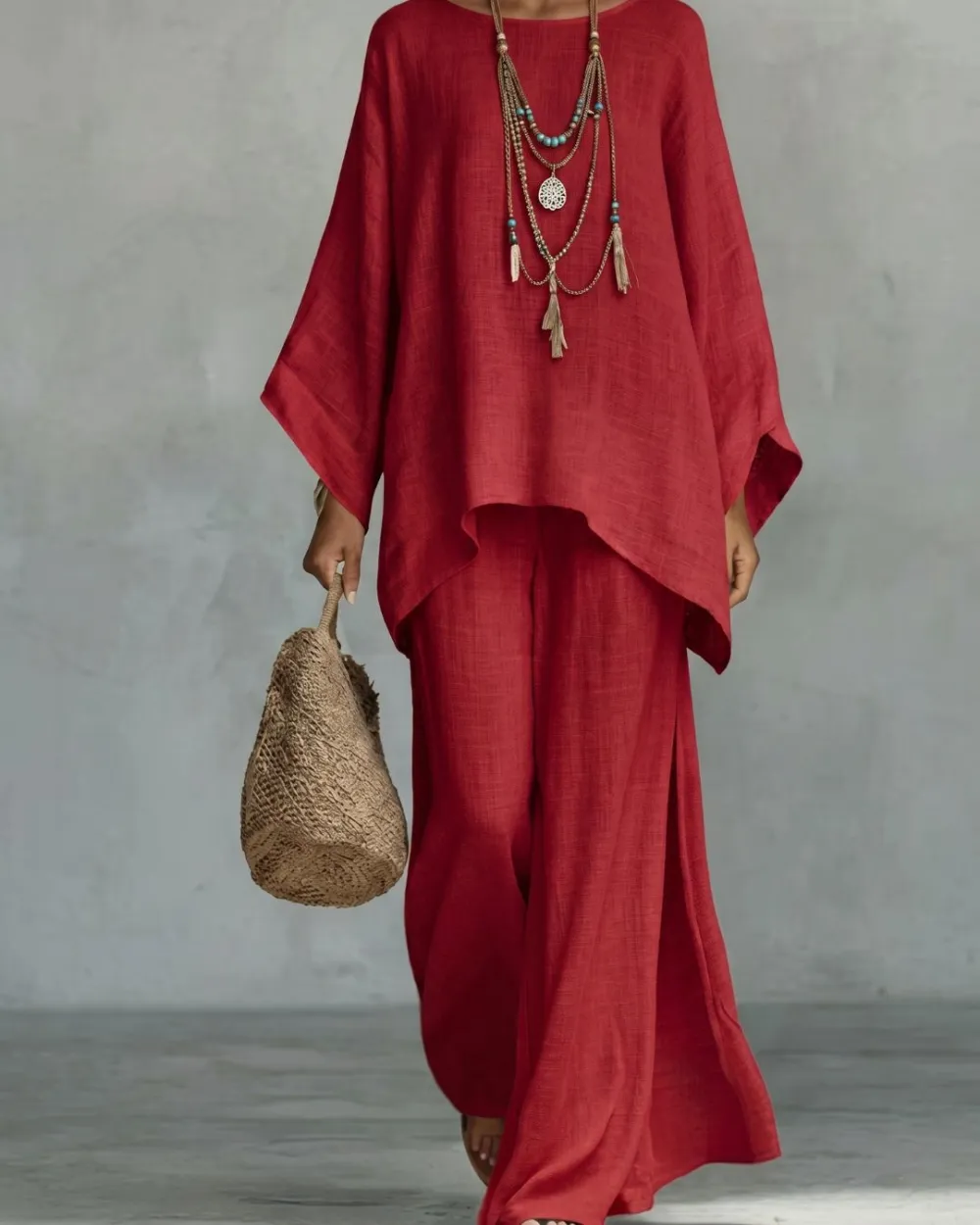 Asymmetric Ethnic Crew Neck Set