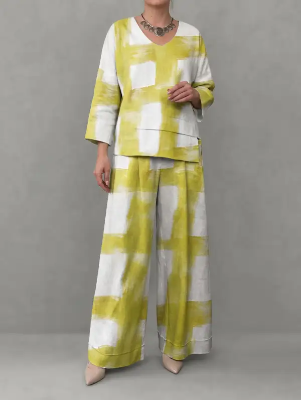 Print V Neck Blouse And Pants Set