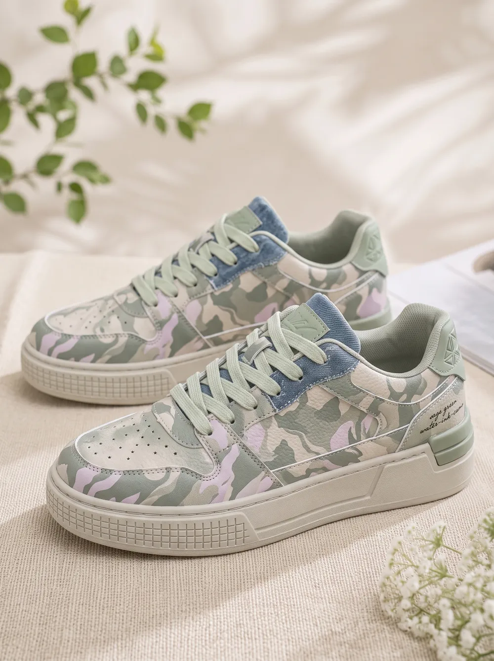 Men's Sage Green Camo Pattern Printed Casual Sneakers