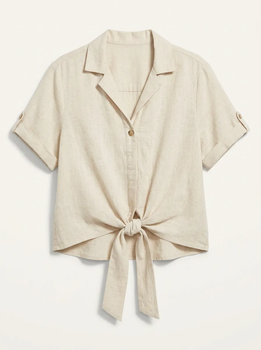 Women's Tie-Front Button-Down Top Casual Beige Linen-Blend