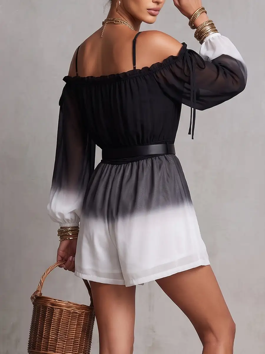 Long Sleeves Puff Backless Contrast Color Gradient No