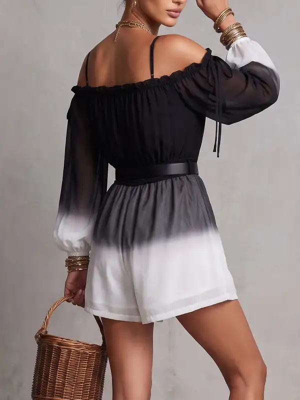 Long Sleeves Puff Backless Contrast Color Gradient No