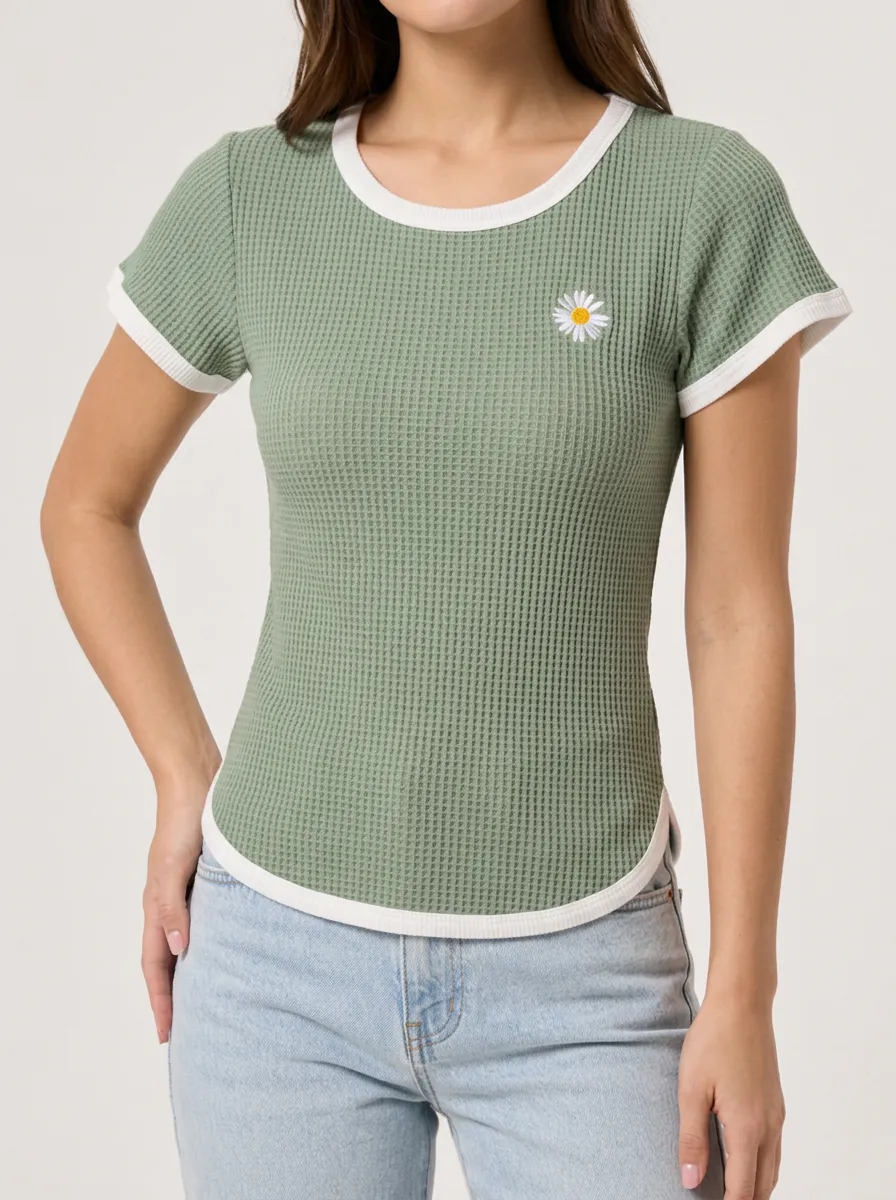 Women's Daisy Floral Sage Green Waffle Knit Printed Top