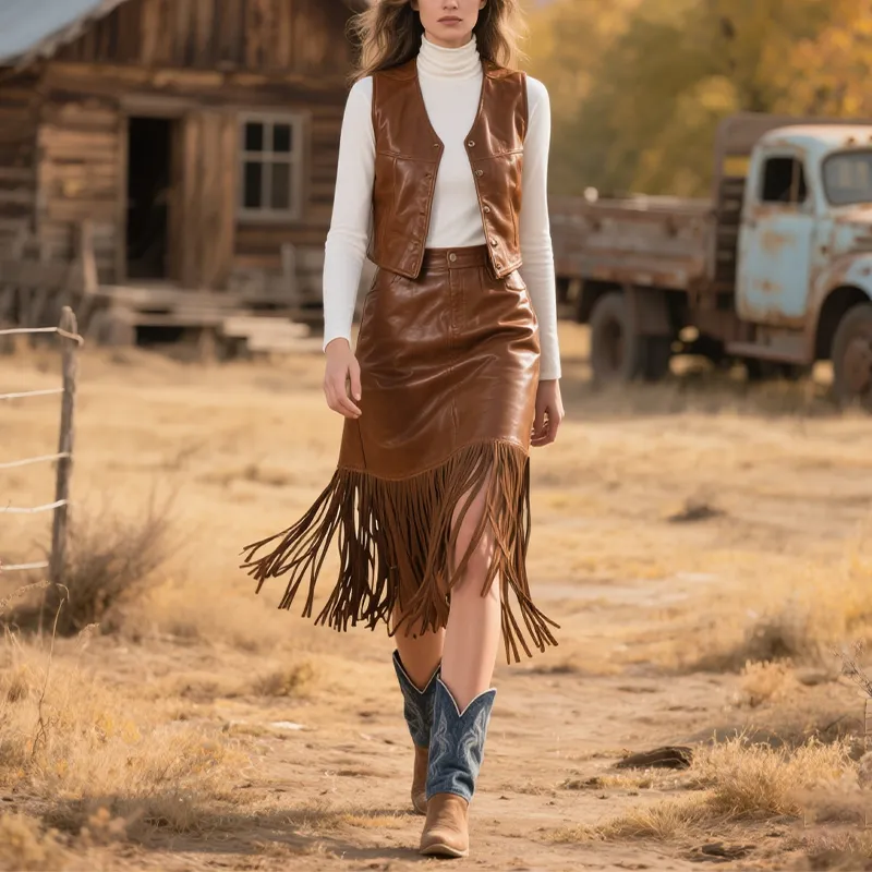Leather Fringe Boho Skirt