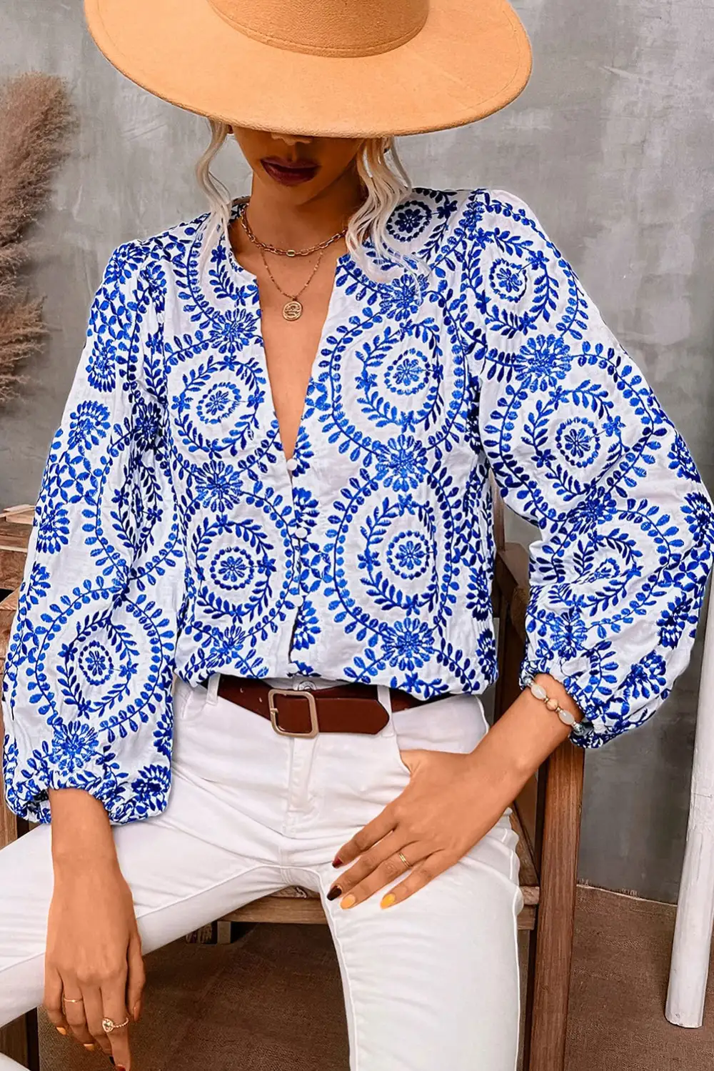 Vintage Geometric Puff Sleeve Slit V Neck Shirt