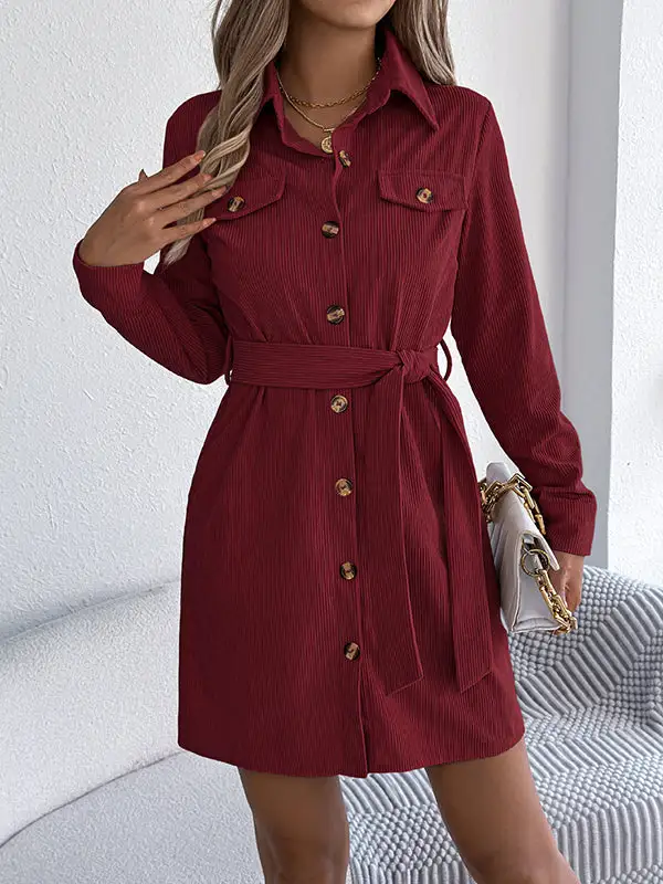 Elasticated Waist Long Sleeve Belted Buttoned Single Breasted Solid Color Lapel