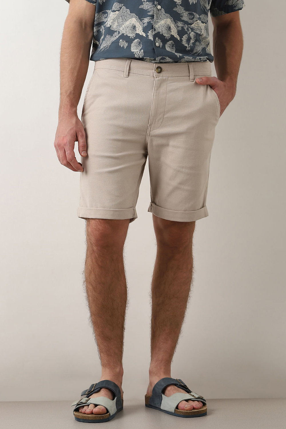 Beige Mid Rise Cotton Shorts