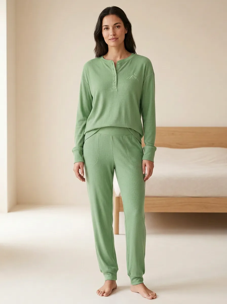 Women's Mountain-Moon Ribbed Henley Jogger Lounge Set