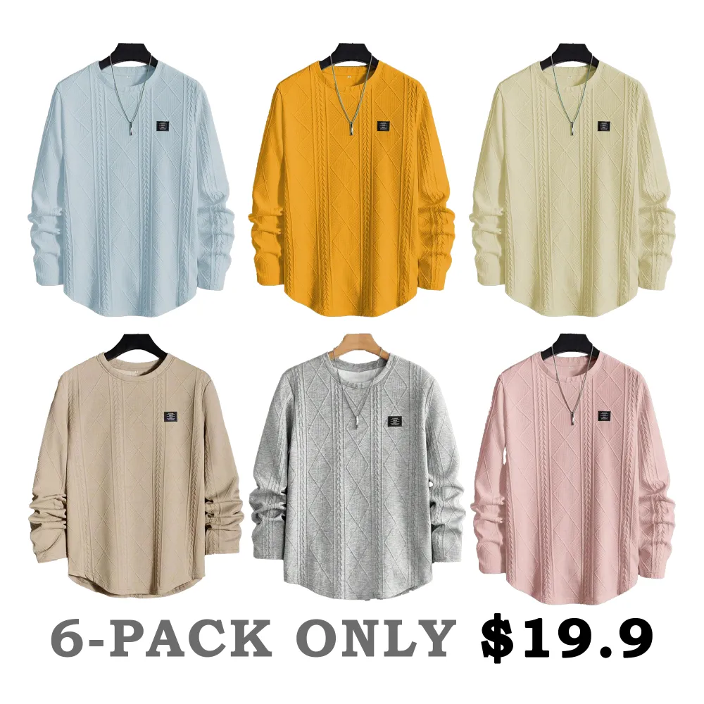 🔥Last Day 48% Off-Men's Regular Fit Patched Detail Textured Knit Tops, Casual Long Sleeve Round Neck T-shirt for All Seasons, Fashion Men's Knit Top for Daily Wear