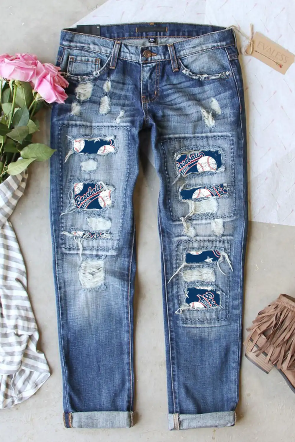 Baseball GAME DAY Print Button Pockets Ripped Jeans