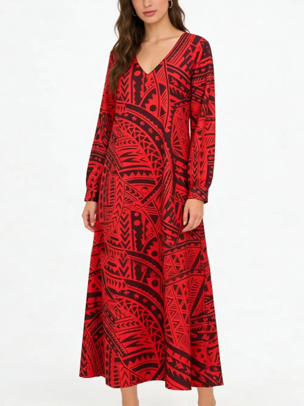 Geometric Print Ribbed V Neck Dress Casual